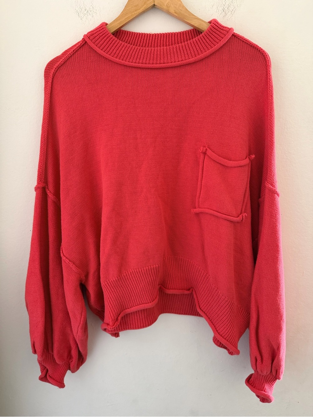 POL Coral Watermelon Pink Red 100% Cotton Balloon Sleeve Slouchy Knit Sweater